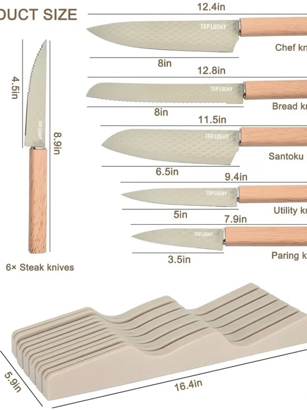Beige In-Drawer Knife Block Set with Wood Handles